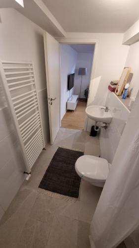 a white bathroom with a toilet and a sink at Unterkunft Sanic in Kronberg im Taunus