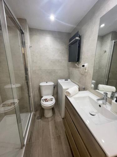 uma casa de banho com um WC, um lavatório e um chuveiro em Apartamento Ski Place 6 personas em Serra Nevada
