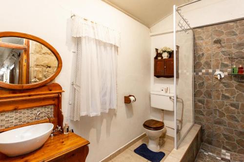 een badkamer met een wastafel, een toilet en een douche bij Ravenscliff Self Catering in Oudtshoorn