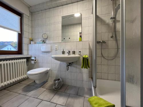 y baño con lavabo, ducha y aseo. en Am Obersee Hotel, en Simmerath