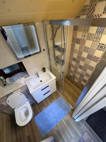 La salle de bains est pourvue d'une douche, de toilettes et d'un lavabo. dans l'établissement VILA Tatry Ždiar - Domček pre dvoch, à Ždiar