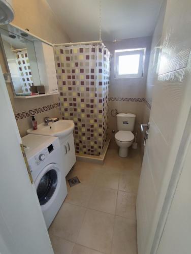 a bathroom with a washing machine and a toilet at Apartments Marko Maros in Kotor