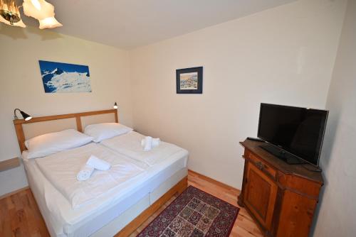 um quarto com uma cama e uma televisão de ecrã plano em Haus 1 top 38 em Kaprun