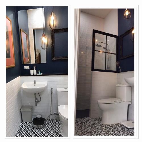 two pictures of a bathroom with a sink and a toilet at THE OAK’S in Chiang Rai
