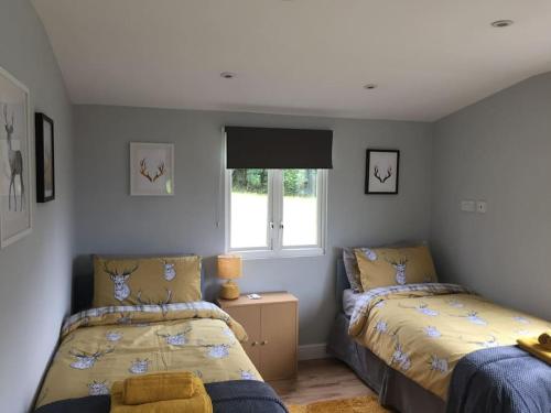 1 dormitorio con 2 camas y ventana en The Chalet In The New Forest - 5 km from Peppa Pig!, en Southampton