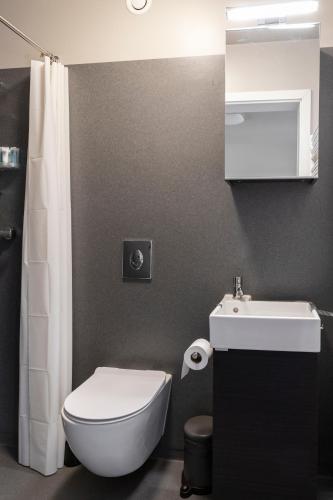 a bathroom with a white toilet and a sink at Ray of Sunshine Hafnargata in Keflavík