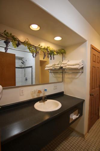 ein Badezimmer mit einem Waschbecken und einem großen Spiegel in der Unterkunft Abbey Archway Inn in Fairbanks