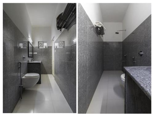two pictures of a bathroom with a toilet and a sink at The People Hostel in Udaipur