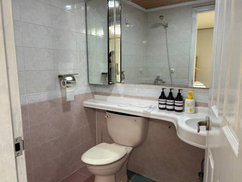 a bathroom with a toilet and a sink and a mirror at Haru Airport Stay Gimpo in Seoul
