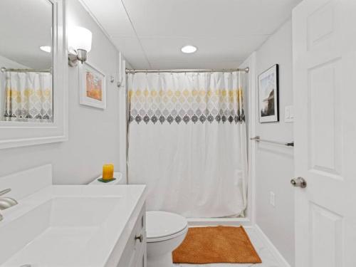 un bagno bianco con wc e doccia di Alberta Arts with Hot Tub and Yoga Studio a Portland