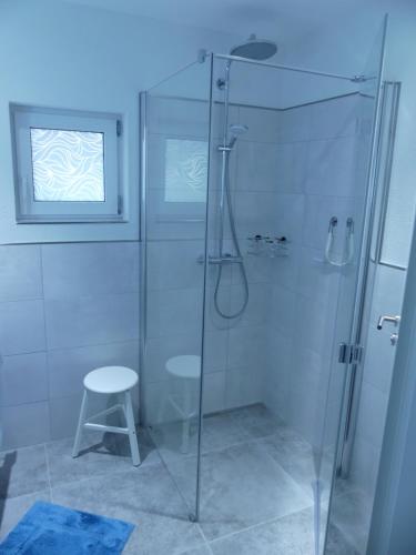 a glass shower with a stool in a bathroom at FeWo im Ried.Schwanau in Schwanau