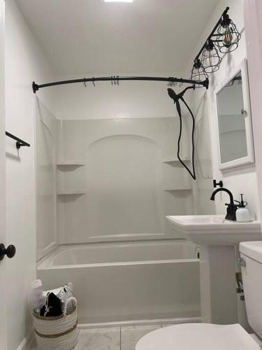 a white bathroom with a toilet and a sink at Pet Friendly, 30+ Night Stay in Johnson City