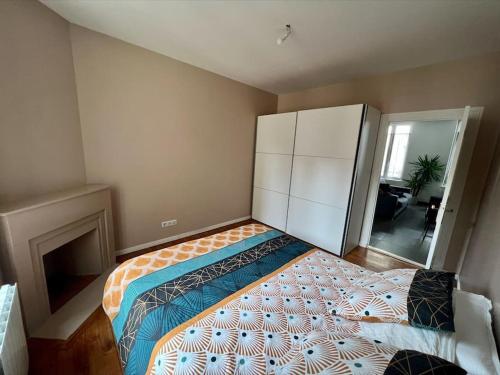 1 dormitorio con 1 cama grande y chimenea en Appartement superbe Rooftop 70m2 Clermont Ferrand, en Clermont-Ferrand