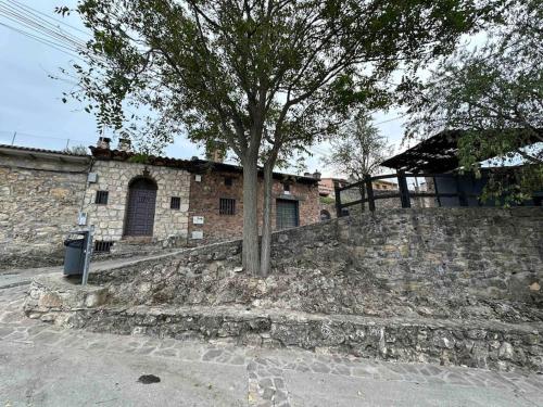 a tree sitting on top of a stone wall at Bodega típica en El Molar sin camas ni dormitorios in El Molar