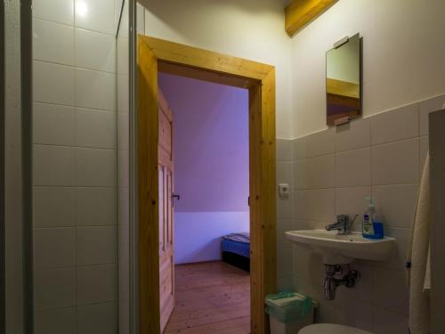 a bathroom with a sink and a mirror at Drevenica Traditional Cottage Old Centre in Zuberec