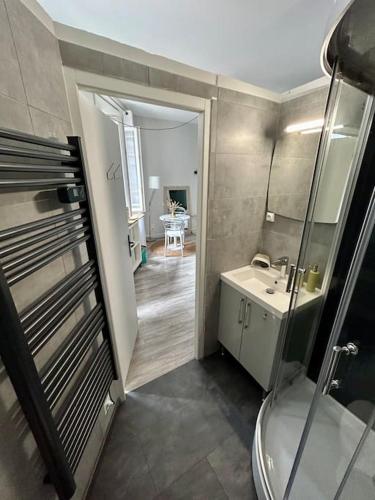 y baño con aseo, lavabo y espejo. en Le 25 / Hypercentre en Toulouse