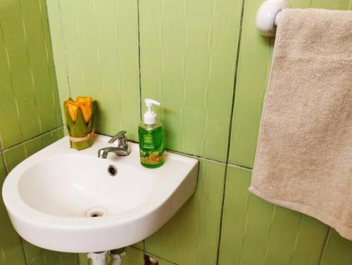 uma casa de banho verde com um lavatório e uma toalha em Apart Florencia 2 con cochera! em Tacna