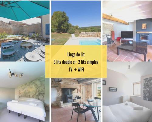 un collage de photos d'une maison avec une piscine dans l'établissement Cabana & Aux pieds des Vignes - Proche Mâcon Nord, à Péronne