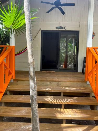 a porch with a television and a palm tree at Sol y Arena Xcalak in Xcalak