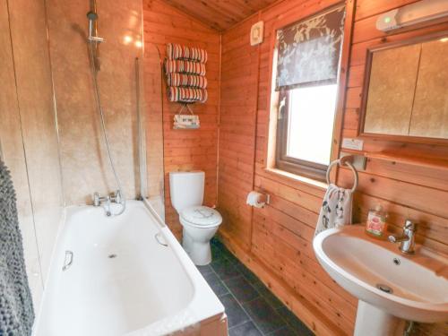 een badkamer met een bad, een toilet en een wastafel bij Hawthorne Lodge in Skinningrove