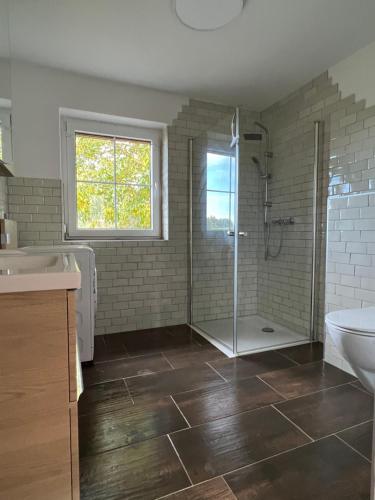 a bathroom with a shower and a sink at Ferienhaus Melzower Waldhaus Montagewohnung in Melzow