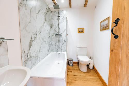 a bathroom with a shower and a sink and a toilet at ryton grange church barn sleeps 5 in Shrewsbury