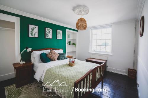 a bedroom with a bed with a green wall at Three Bedroom Townhouse by Primal Estates Short Lets in Brighton in Brighton & Hove