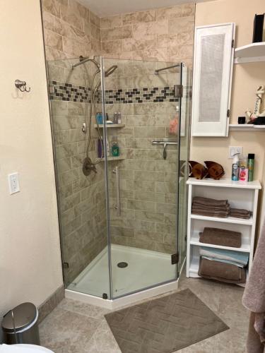 a shower with a glass door in a bathroom at The Salty Cove IRB in Clearwater Beach