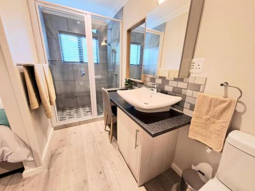 La salle de bains est pourvue d'un lavabo et d'une douche. dans l'établissement Aquila Chalet Phantom Views, à Knysna