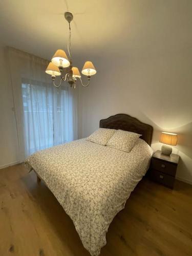 a bedroom with a bed and a chandelier at Appart charmant au cœur de la ville et des commodités in Saint-Ouen