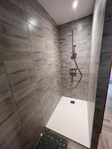 a shower in a bathroom with wooden walls at Gîte chez Audrey et Pascal in Westhouse