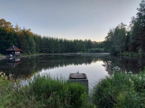a river with a boat in the middle of it at Chez Rosé in Sainte-Cécile