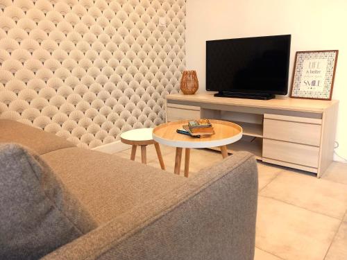 ein Wohnzimmer mit einem Sofa, einem Tisch und einem TV in der Unterkunft #2 Studio # Place charmante in Toulon