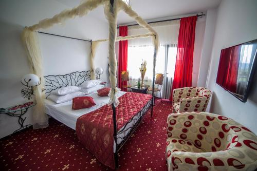 a bedroom with a canopy bed and a chair at Pension Valea Mariei in Ranca