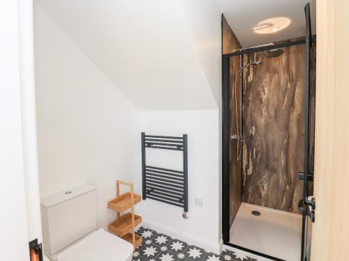 a bathroom with a toilet and a shower at Park Cottage in Carinish