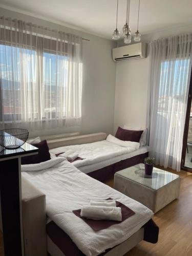 um quarto com duas camas, uma mesa e janelas em Purple apartment- em Prizren