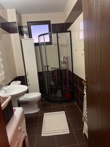 uma casa de banho com um chuveiro, um WC e um lavatório. em Purple apartment- em Prizren