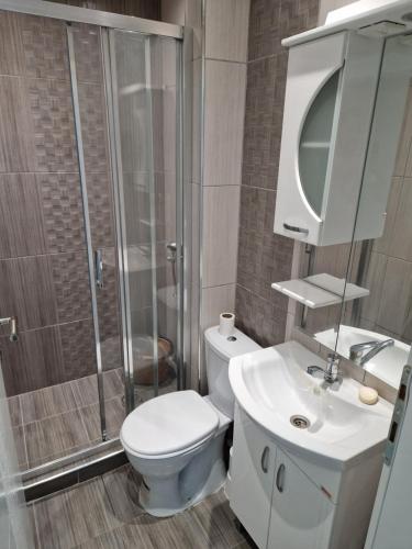 een badkamer met een toilet, een douche en een wastafel bij City Square Apartment in Kumanovo