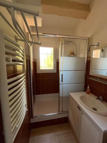 une salle de bain avec douche et lavabo dans l'établissement Le chant des Cigales STUDIO Duplex climatisé près des plages, à Sausset-les-Pins