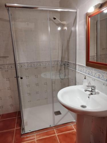 ein Bad mit einer Dusche und einem Waschbecken in der Unterkunft El Humilladero in Mogarraz
