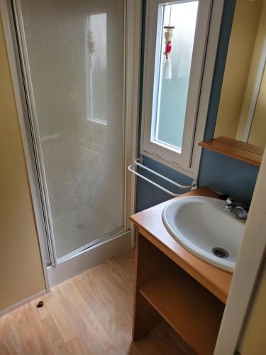 une salle de bain avec un lavabo et une douche dans l'établissement Location Mobil home Camping Pédro, au Grau-dʼAgde