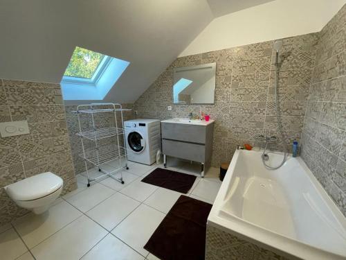 a bathroom with a toilet and a sink and a tub at Maison savoyarde in Les Déserts