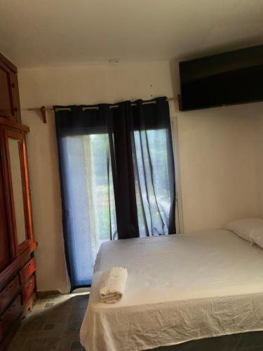 um quarto com uma cama e 2 janelas grandes em Complejo Deportivo Wilson Palacios em La Ceiba