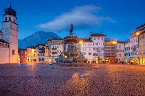 a fountain in the middle of a town at night at Monolocale Niki - Holiday Home in Trento