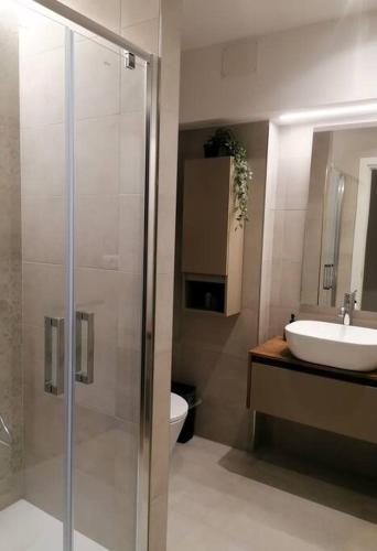 a bathroom with a shower and a sink and a toilet at Monolocale Niki - Holiday Home in Trento