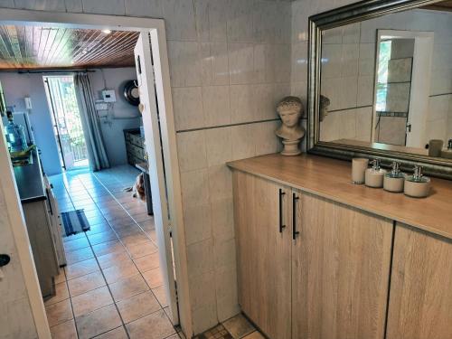 a bathroom with a counter and a mirror and a hallway at Douglasdale 3 Queen Double Beds Loft - 2nd Bedroom own entrance kitchenette & bathroom- Parking - Serviced - Wood & Gas Braais - Pool & Lapa - Ultra Hi Speed WiFi with DSTV & Movie Streaming - Full office backup - in room iMac & iPad - Printer & Copier in Sandton