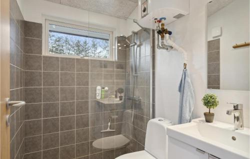 e bagno con doccia, servizi igienici e lavandino. di Cozy Home In Hjerm With Kitchen a Hjerm