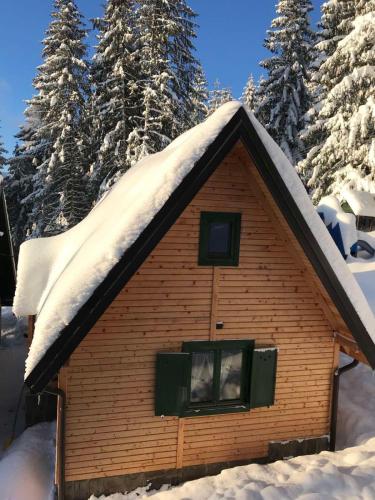 a log cabin with snow on the roof at Guest House Golijski Dar in Dajići