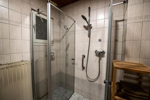 a shower with a glass door in a bathroom at Schöne Ferienwohnung in ruhiger Lage in Altena