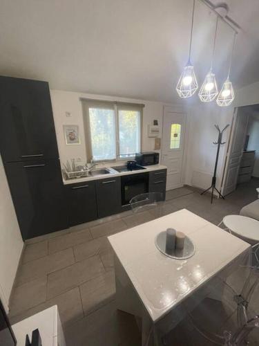a kitchen with a table and a sink in a room at Appart T2 proche Aéroport Roissy in Tremblay En France